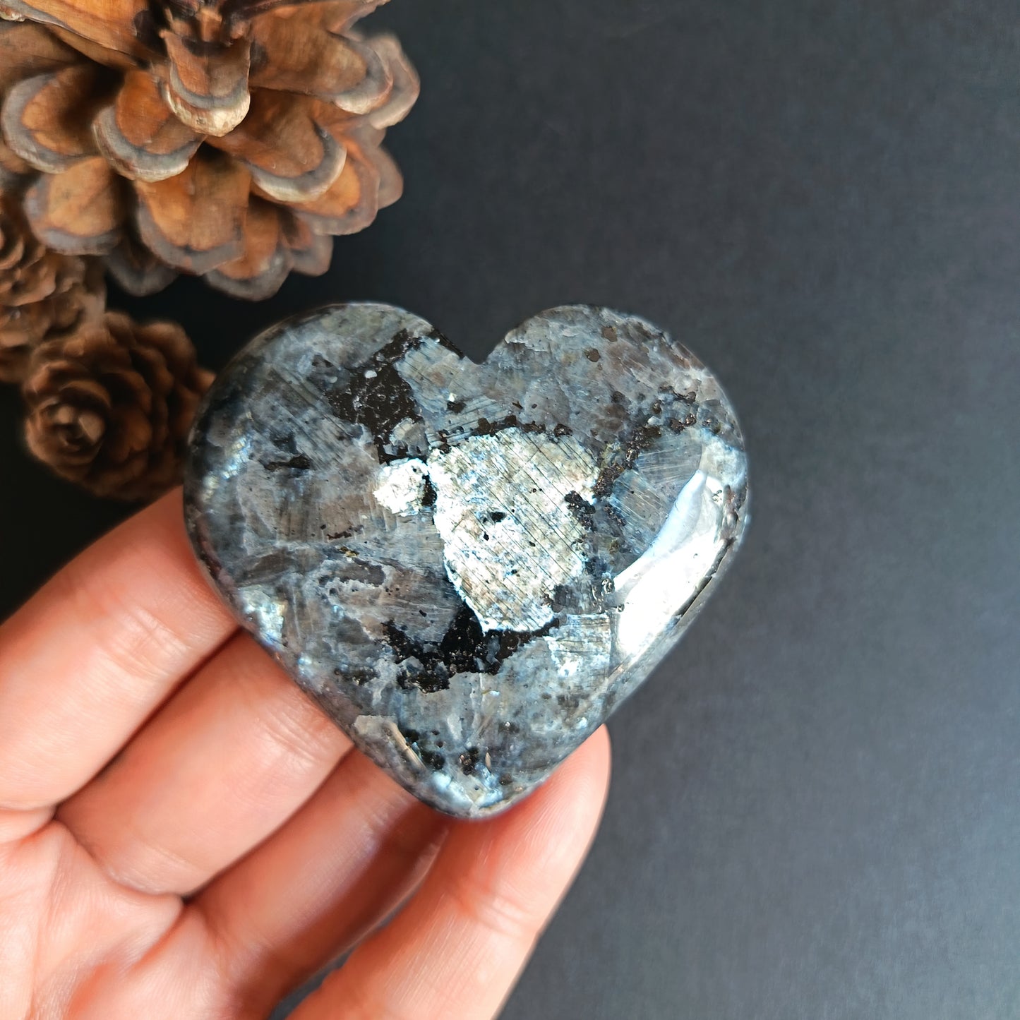 Larvikite, Heart Shape, Palm Stone, 54x59x14 mm, 66g [PALM-R03]