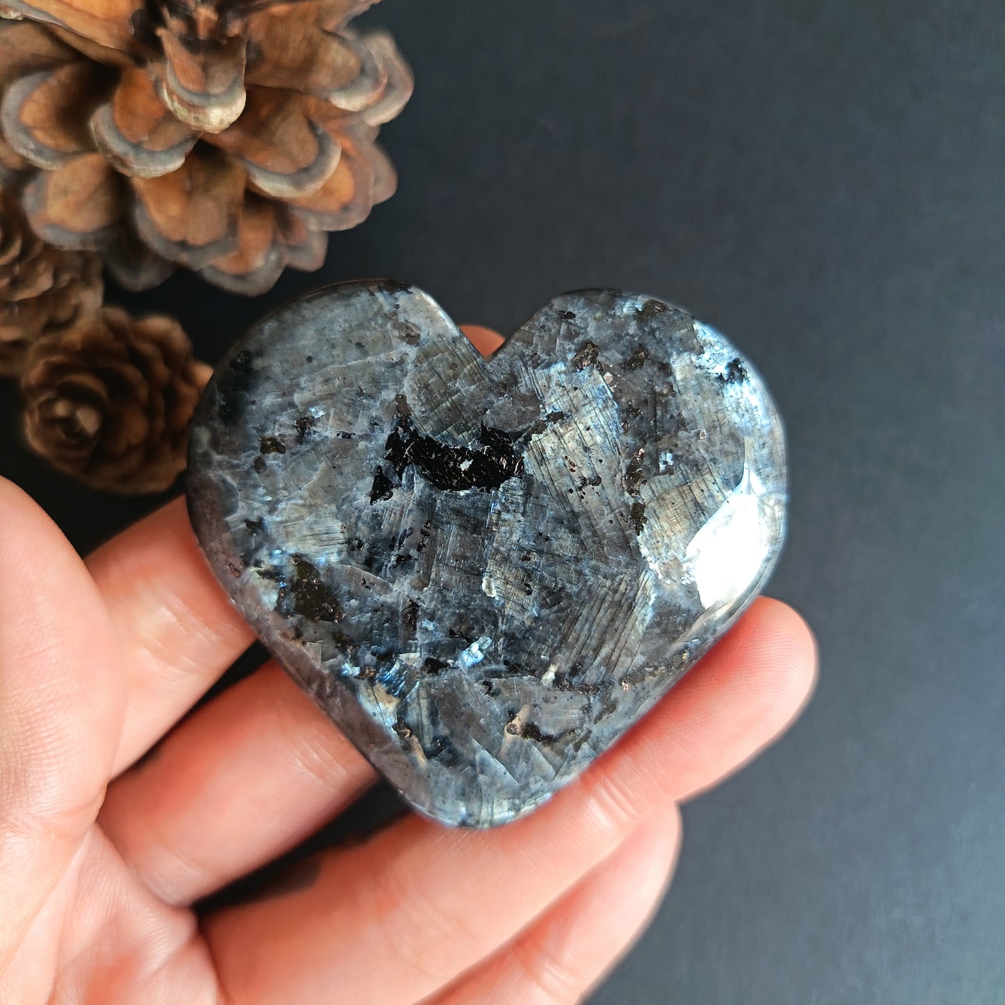 Larvikite, Heart Shape, Palm Stone, 54x59x14 mm, 66g [PALM-R03]