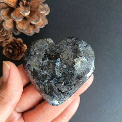 Larvikite, Heart Shape, Palm Stone, 54x59x14 mm, 66g [PALM-R03]