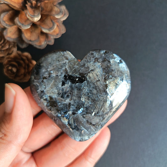 Larvikite, Heart Shape, Palm Stone, 54x59x14 mm, 66g [PALM-R03]