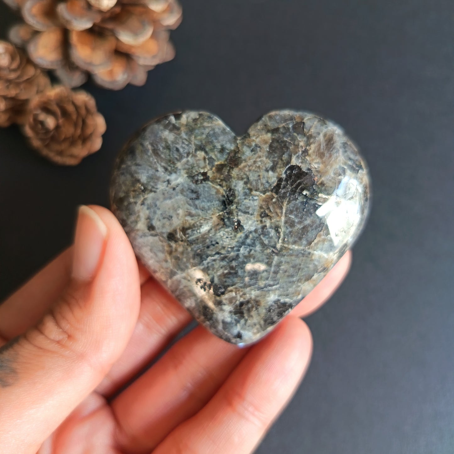 Larvikite, Heart Shape, Palm Stone, 53x58x17 mm, 72.6g [PALM-R04]