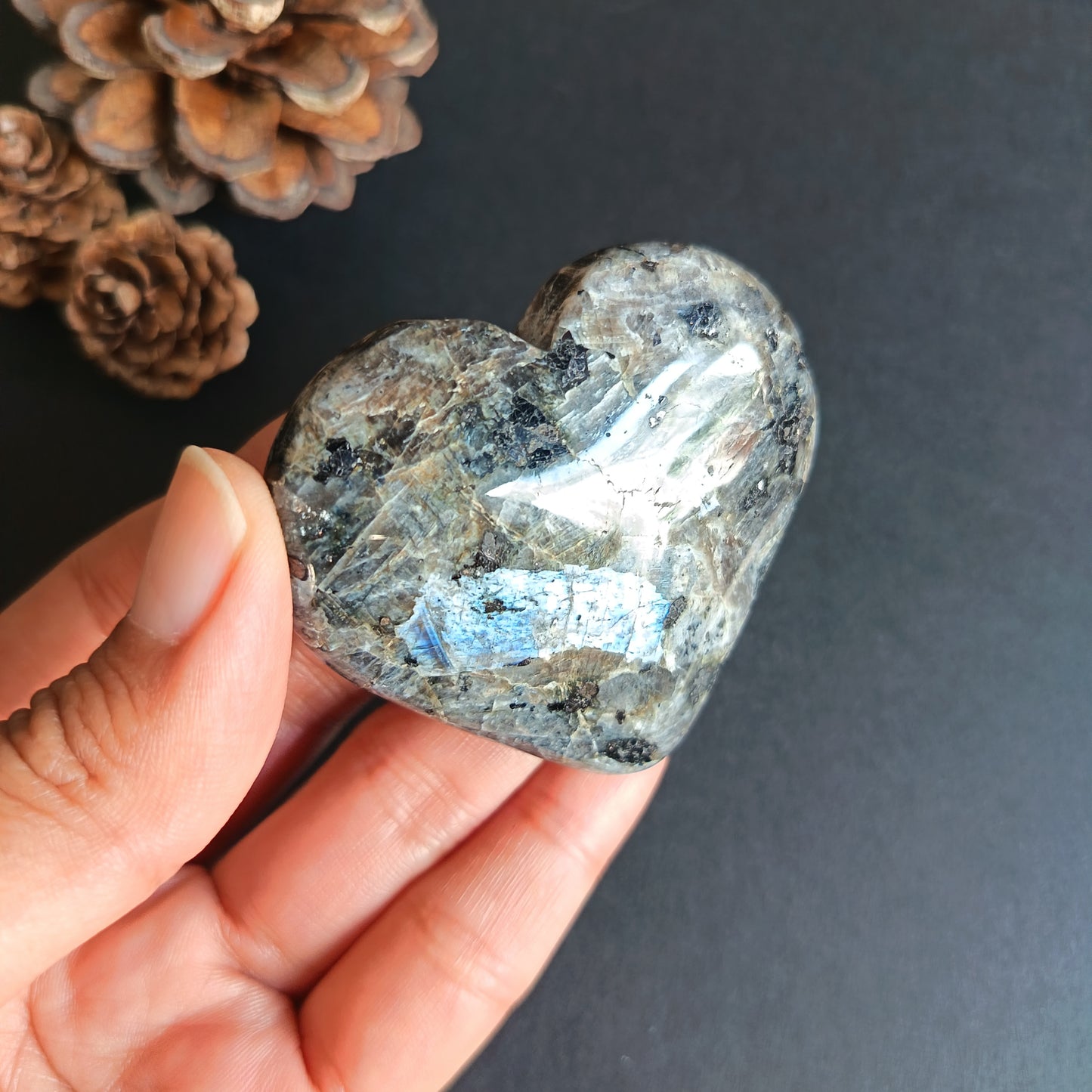 Larvikite, Heart Shape, Palm Stone, 53x58x17 mm, 72.6g [PALM-R04]