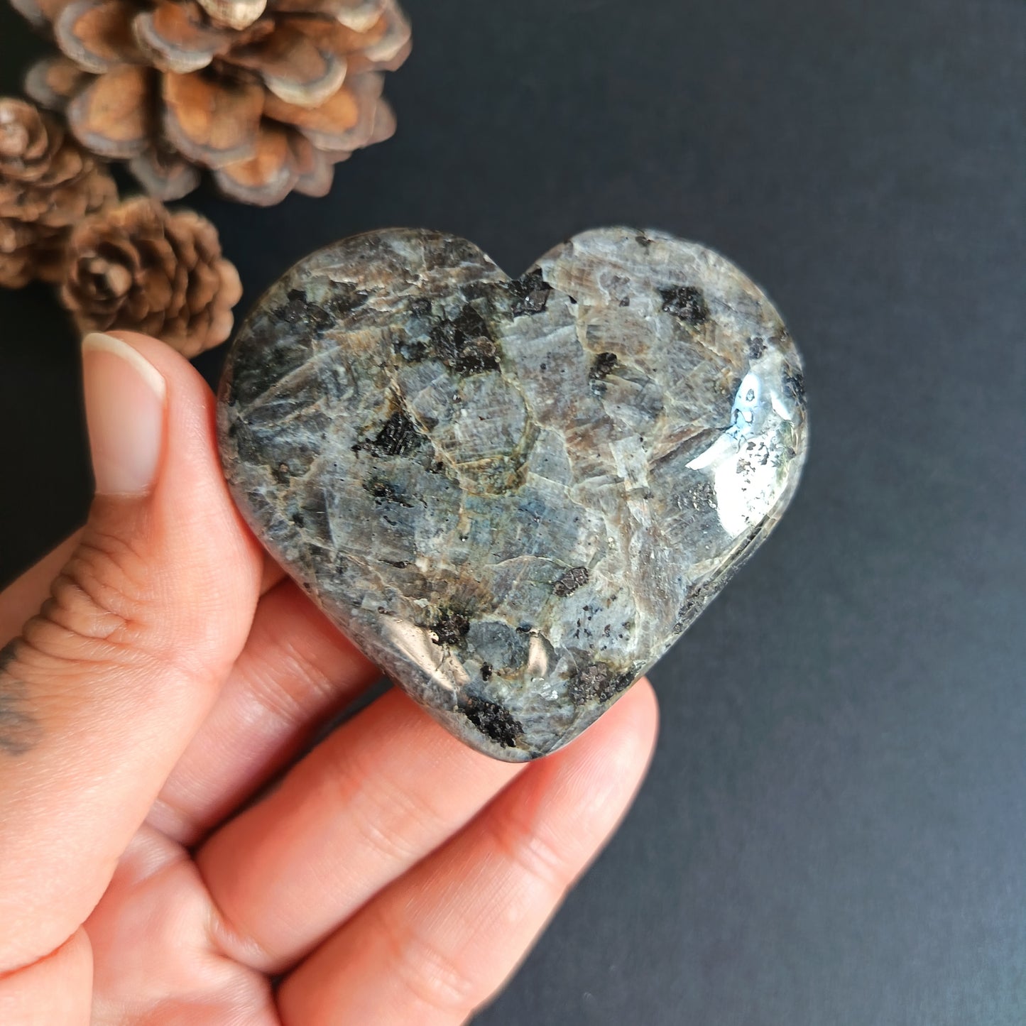 Larvikite, Heart Shape, Palm Stone, 53x58x17 mm, 72.6g [PALM-R04]