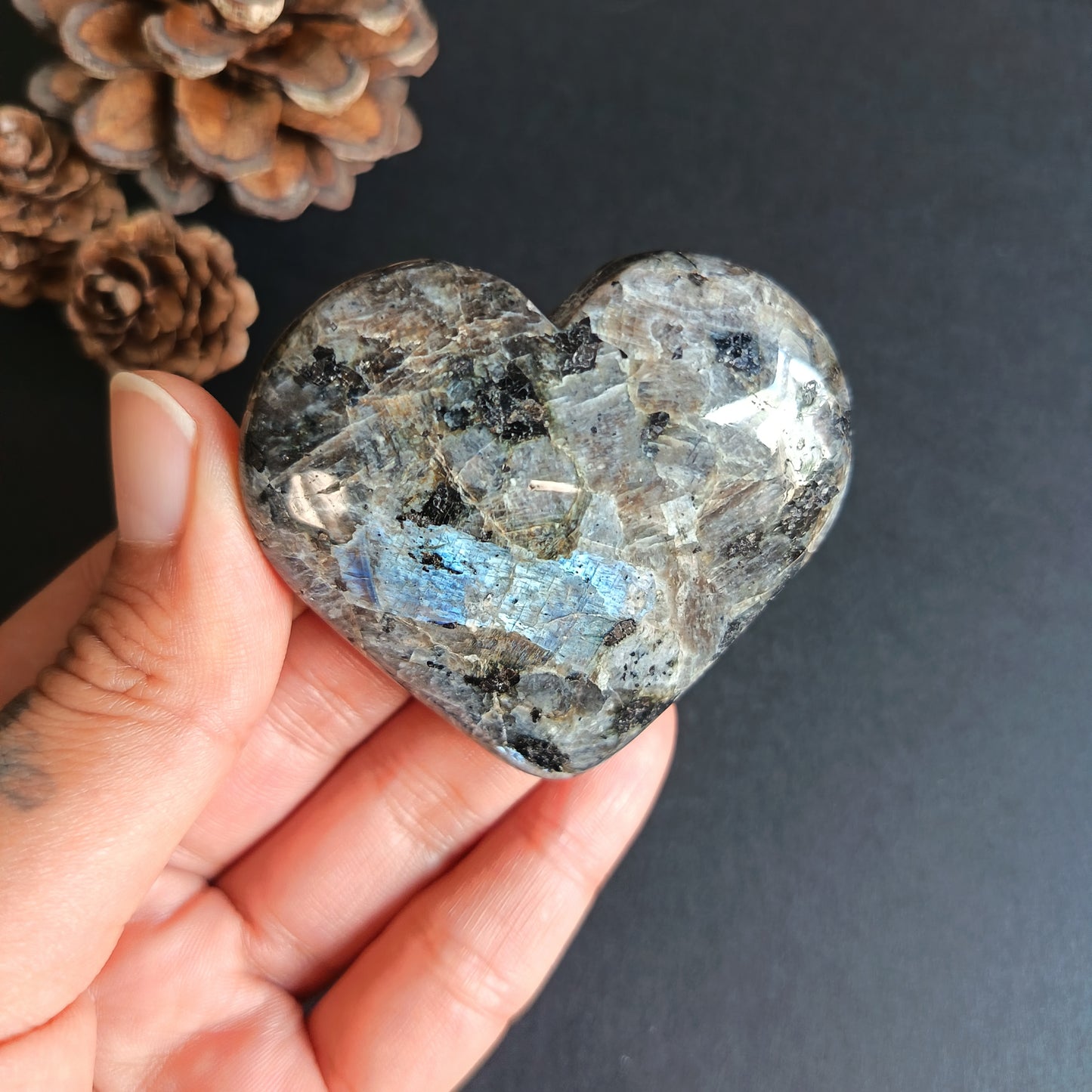 Larvikite, Heart Shape, Palm Stone, 53x58x17 mm, 72.6g [PALM-R04]