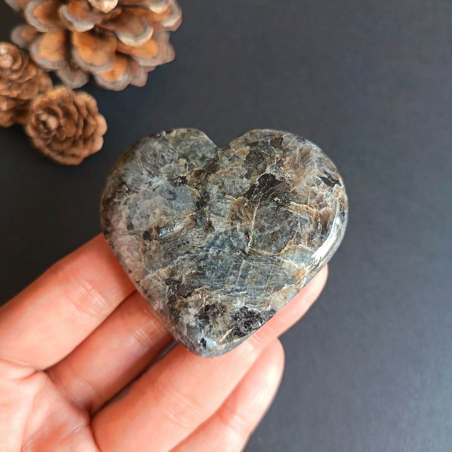 Larvikite, Heart Shape, Palm Stone, 53x58x17 mm, 72.6g [PALM-R04]