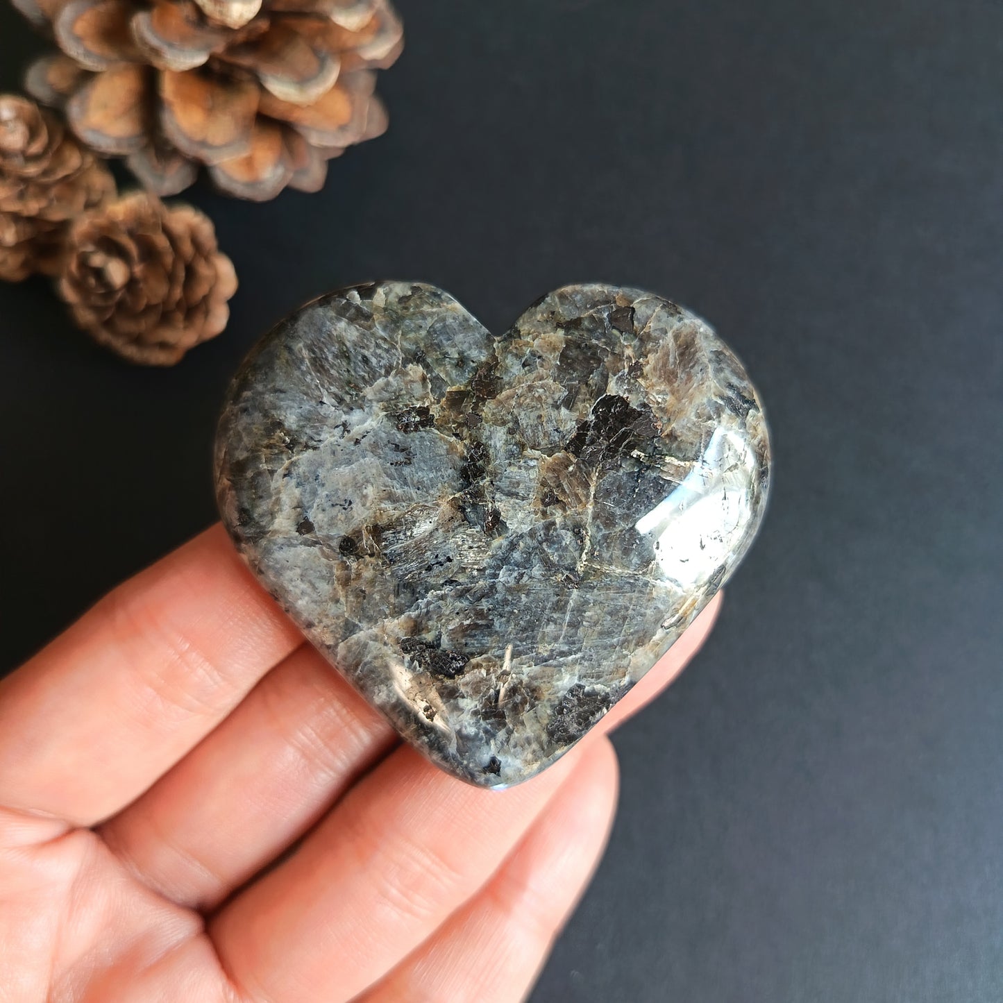 Larvikite, Heart Shape, Palm Stone, 53x58x17 mm, 72.6g [PALM-R04]