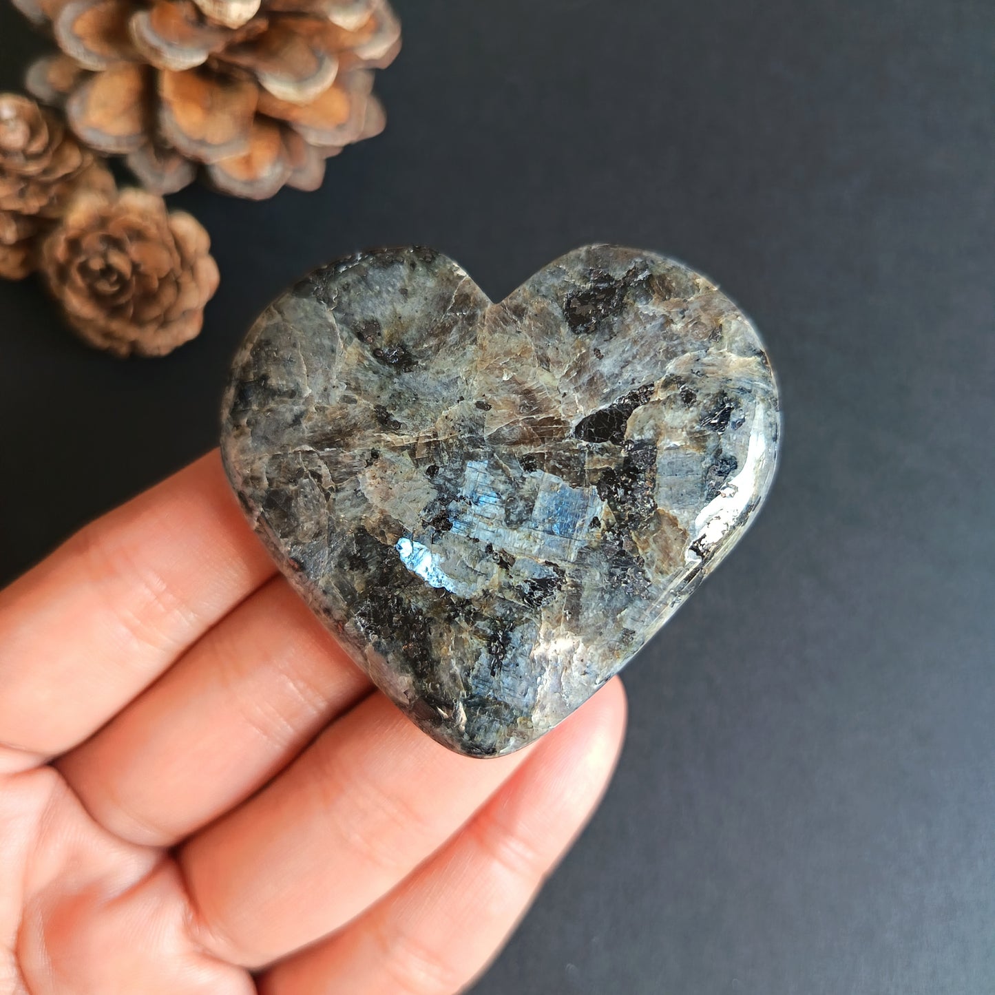 Larvikite, Heart Shape, Palm Stone, 52x57x18 mm, 73g [PALM-R05]