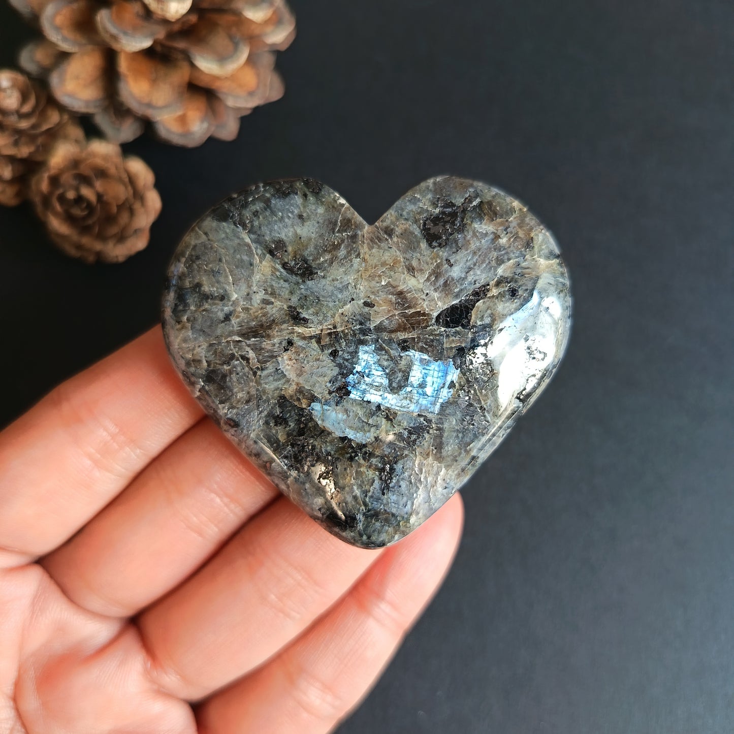 Larvikite, Heart Shape, Palm Stone, 52x57x18 mm, 73g [PALM-R05]