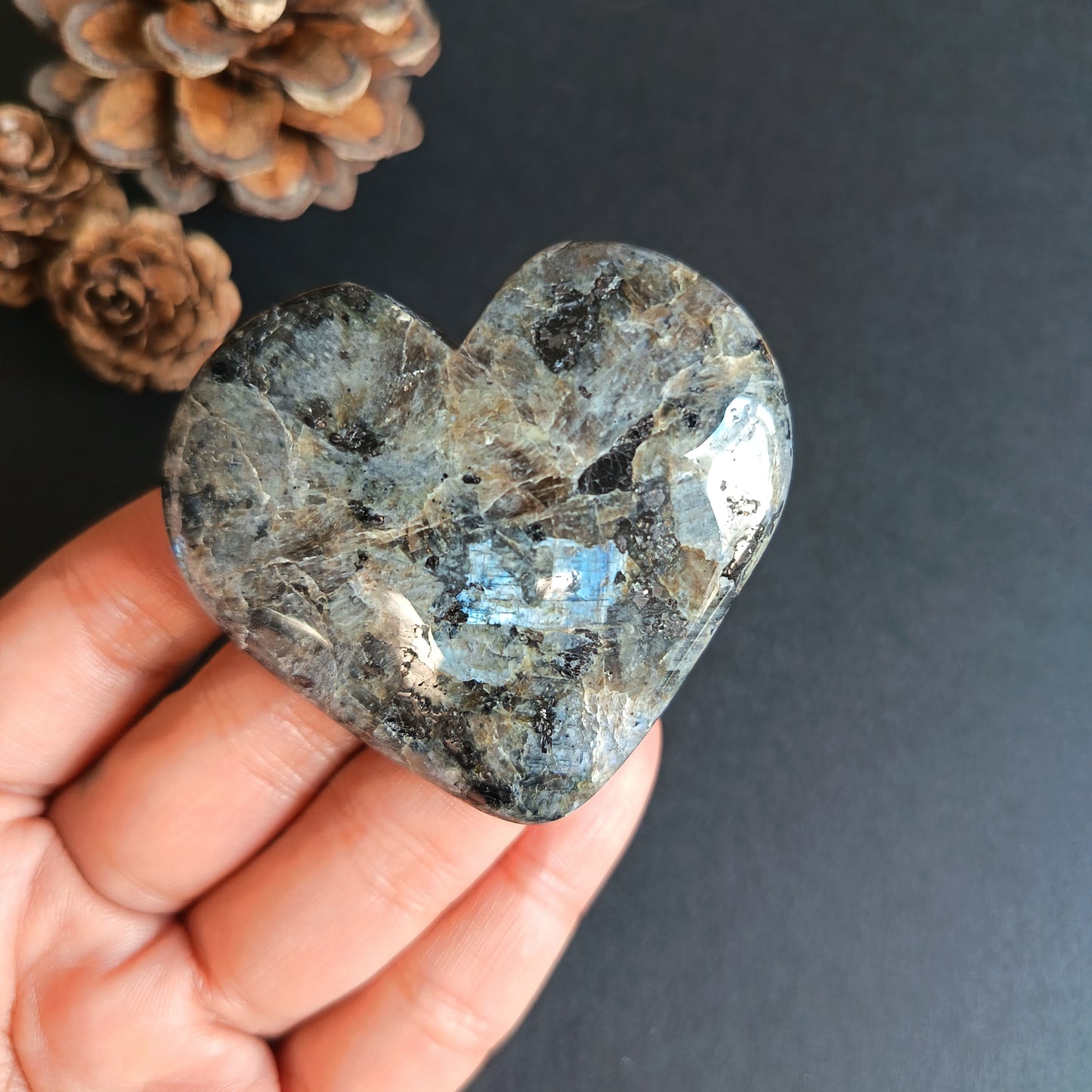 Larvikite, Heart Shape, Palm Stone, 52x57x18 mm, 73g [PALM-R05]