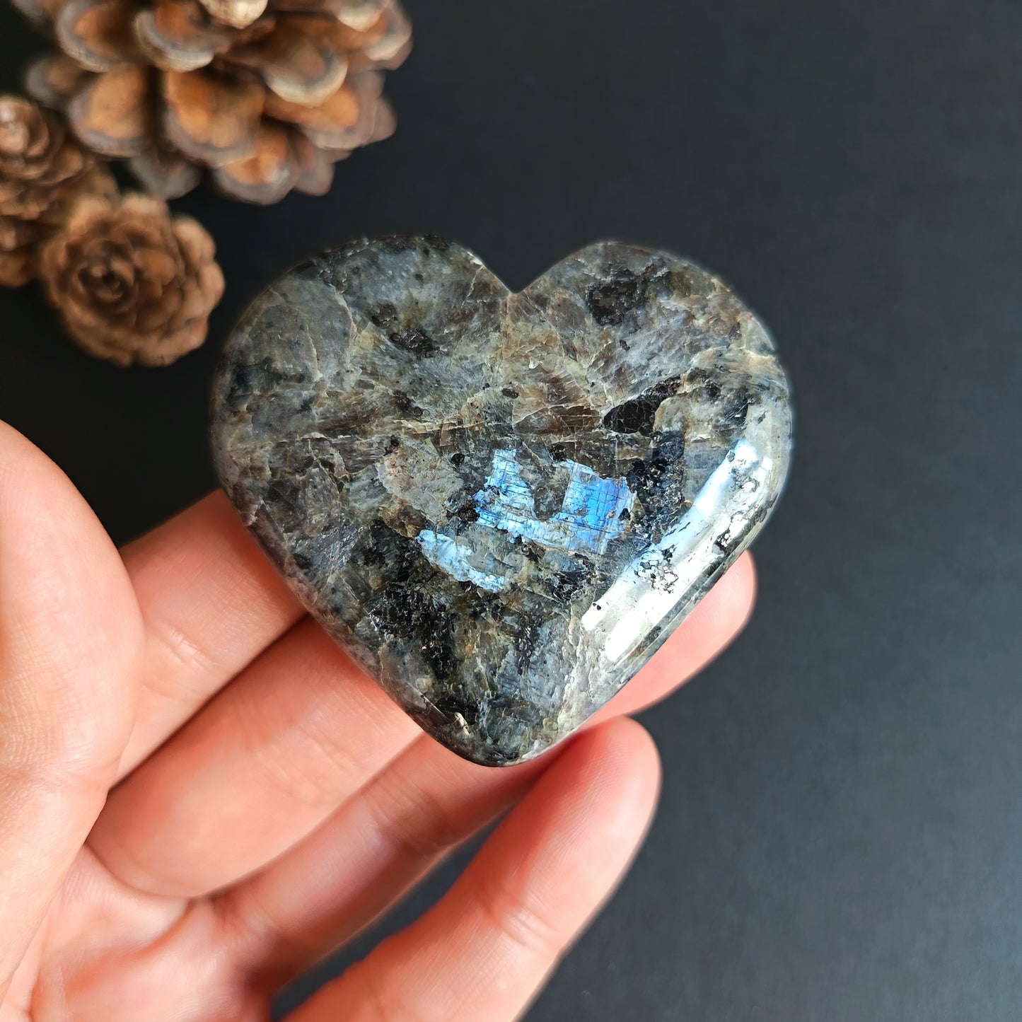 Larvikite, Heart Shape, Palm Stone, 52x57x18 mm, 73g [PALM-R05]