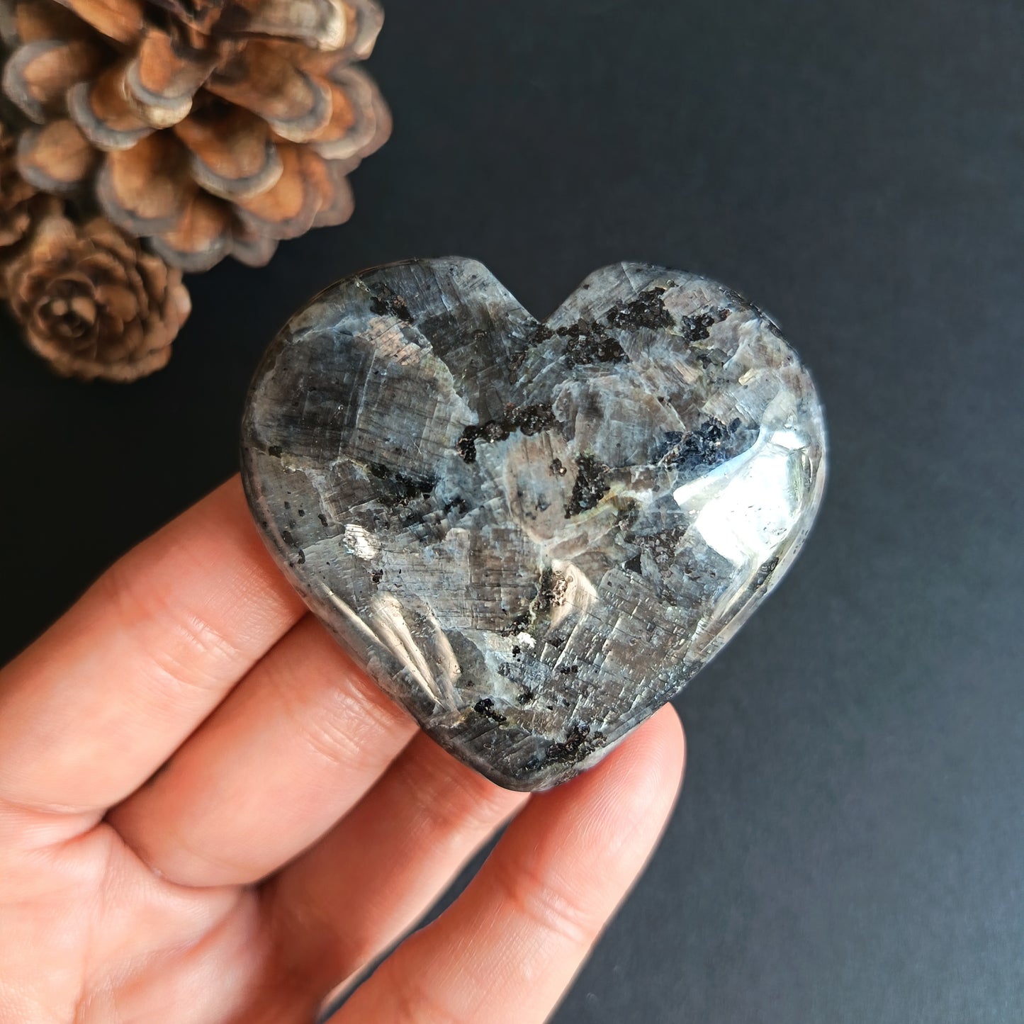 Larvikite, Heart Shape, Palm Stone, 52x58x18 mm, 78.3g [PALM-R06]