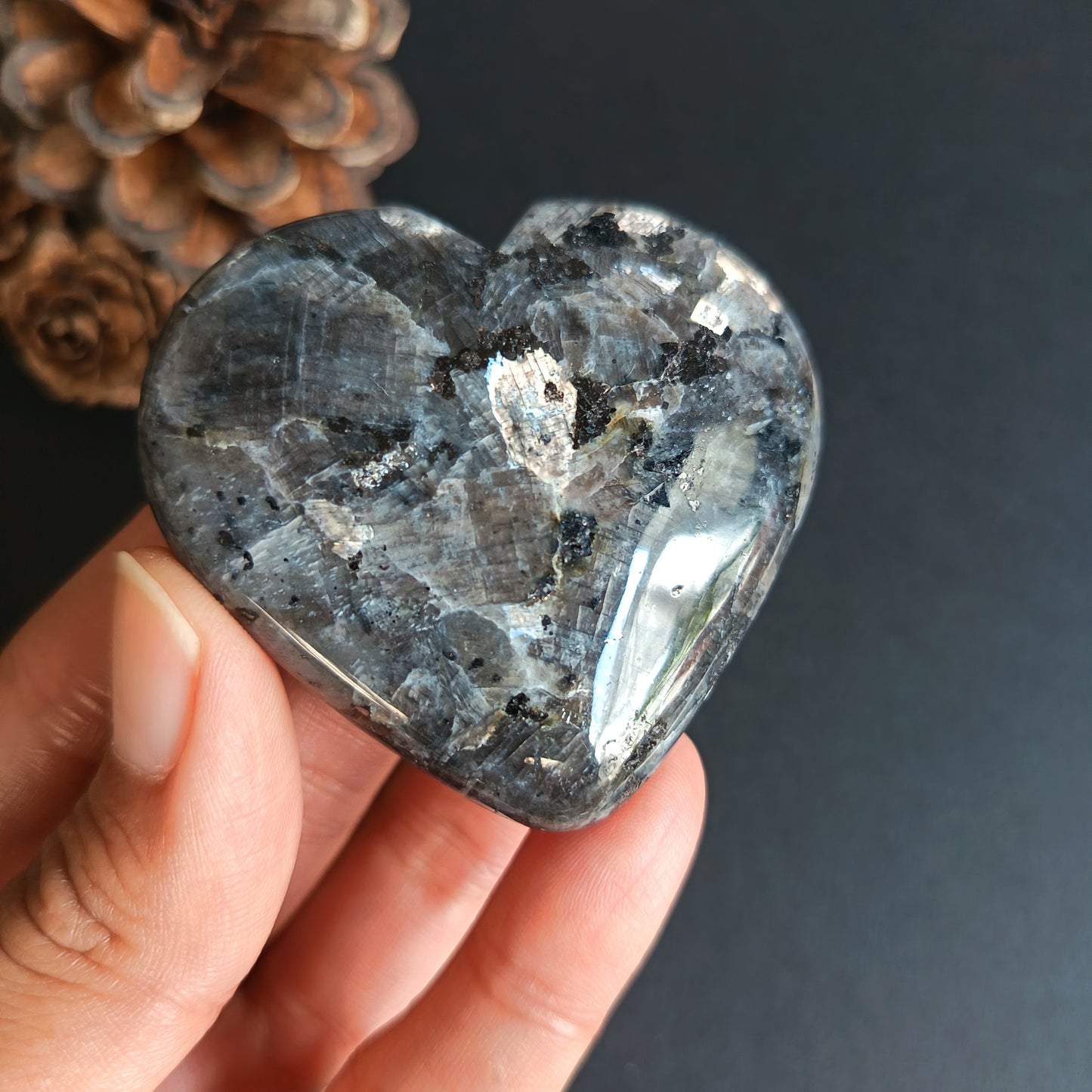 Larvikite, Heart Shape, Palm Stone, 52x58x18 mm, 78.3g [PALM-R06]