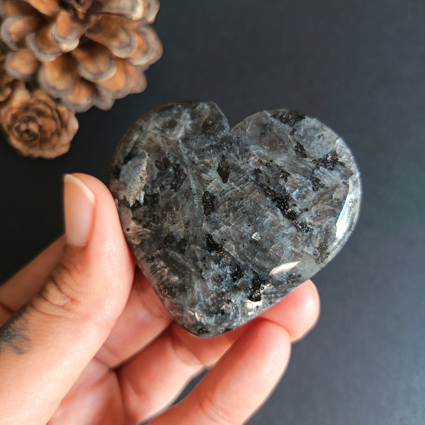 Larvikite, Heart Shape, Palm Stone, 52x58x18 mm, 78.3g [PALM-R06]