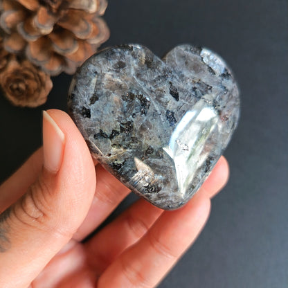 Larvikite, Heart Shape, Palm Stone, 52x58x18 mm, 78.3g [PALM-R06]