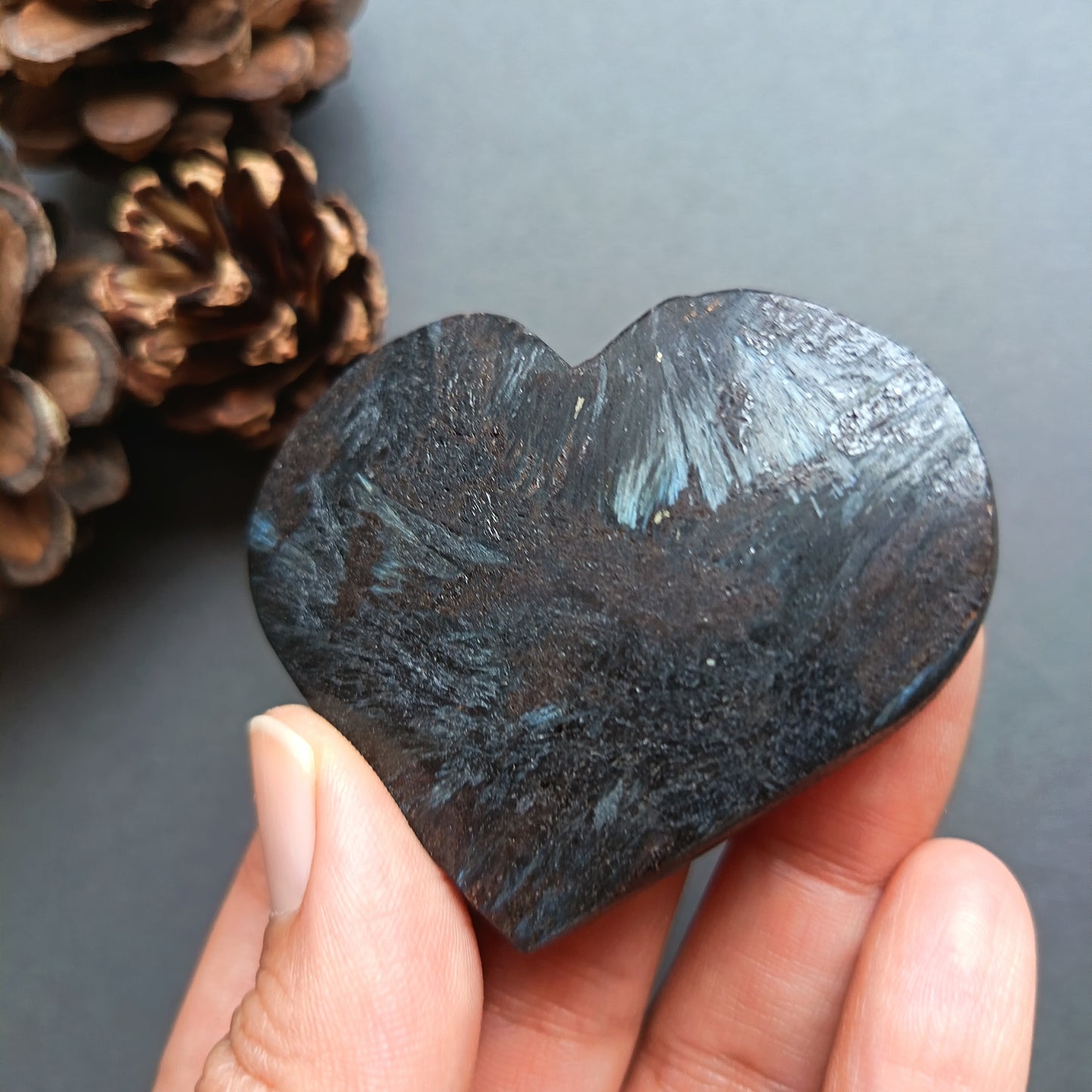 Arfvedsonite (Dull polished), Heart Shape, Palm Stone, 49x60x13mm, 65.1g [PALM-U01]