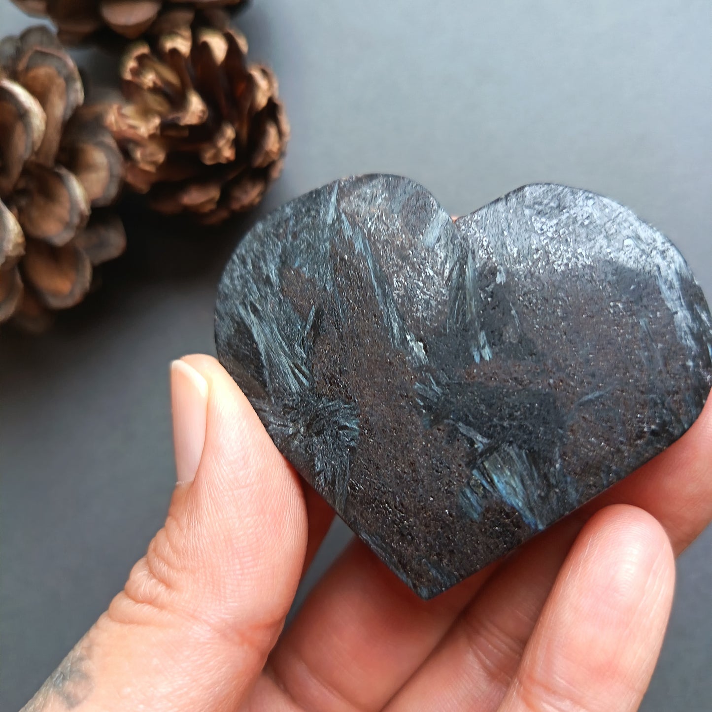 Arfvedsonite (Dull polished), Heart Shape, Palm Stone, 49x60x13mm, 65.1g [PALM-U01]