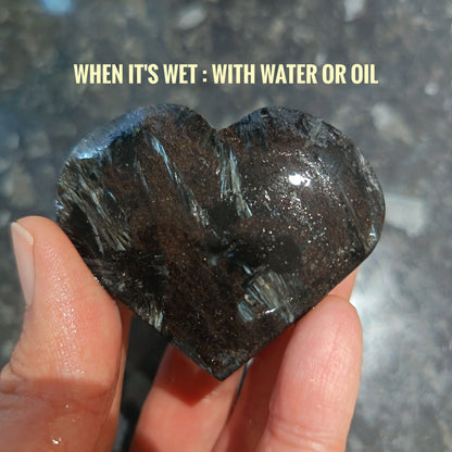 Arfvedsonite (Dull polished), Heart Shape, Palm Stone, 49x60x13mm, 65.1g [PALM-U01]