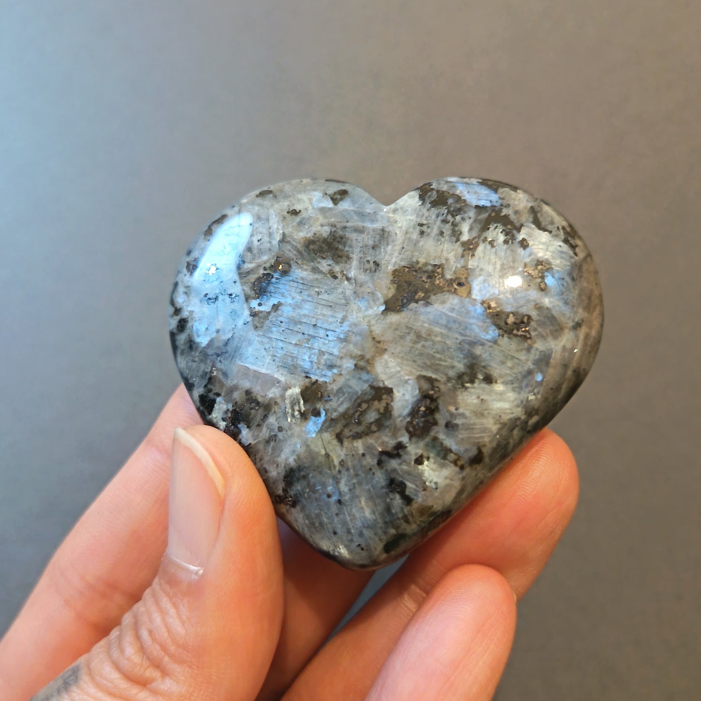 Larvikite, Palm Stone, Heart shape, 51x57x14mm, 64.3g [PALM-Y08]