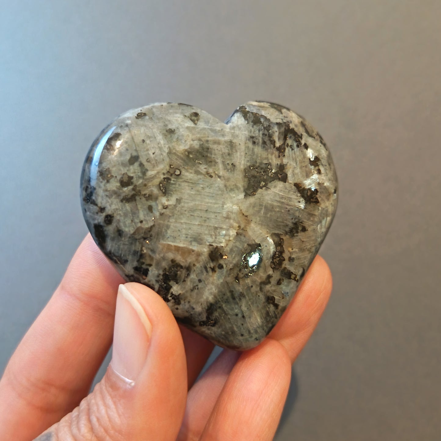 Larvikite, Palm Stone, Heart shape, 51x57x14mm, 64.3g [PALM-Y08]