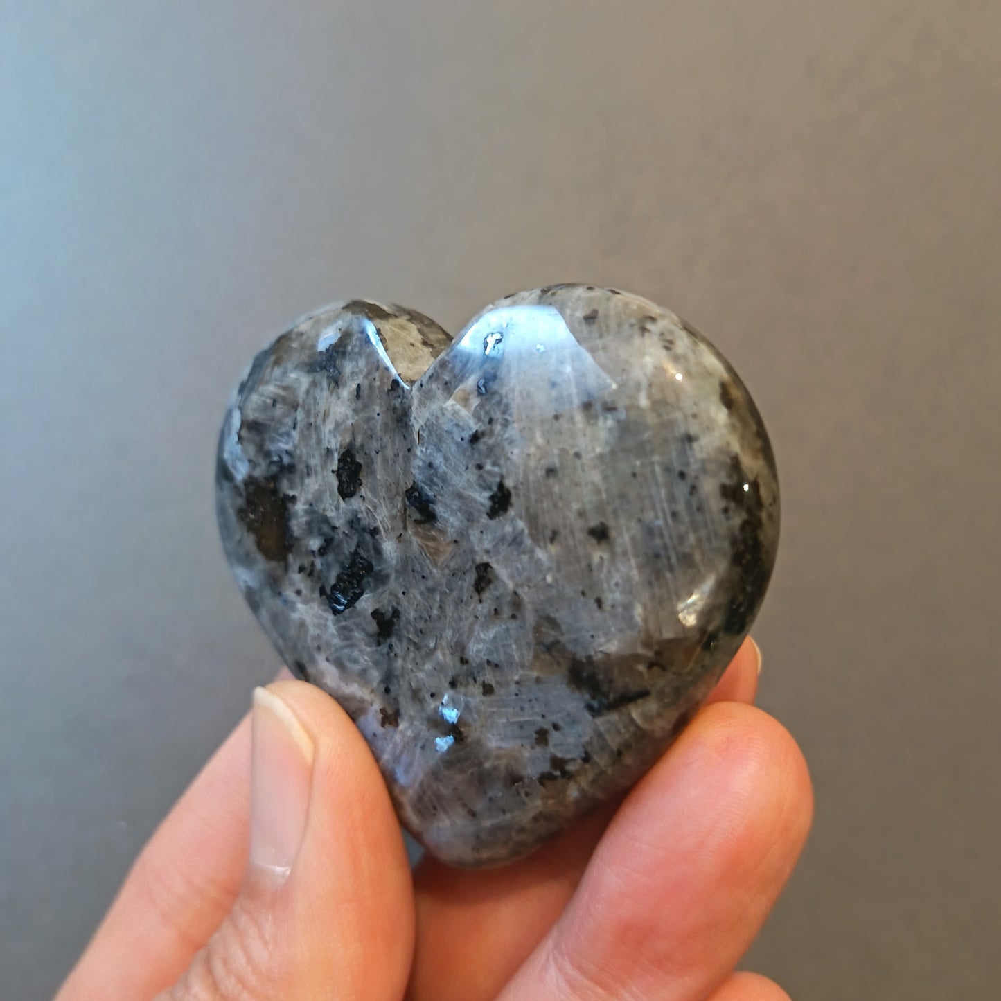 Larvikite, Palm Stone, Heart shape, 51x57x14mm, 64.3g [PALM-Y08]