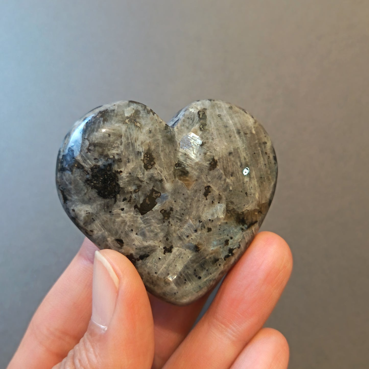 Larvikite, Palm Stone, Heart shape, 51x57x14mm, 64.3g [PALM-Y08]