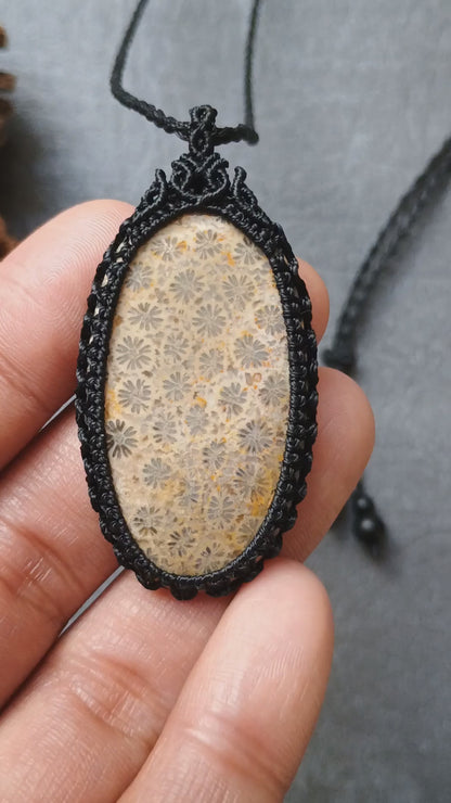 Fossil Coral Macrame Necklace | Pendant size approx 5.3 cm