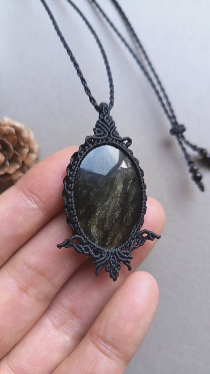 Golden Sheen Obsidian Macrame Necklace | Pendant size 5.4 cm