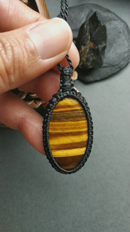Yellow Tiger's Eye  Macrame Necklace | Pendant size approx 5 cm