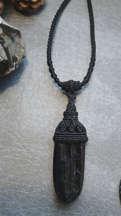 Black Tourmaline Macrame Necklace | Pendant size approx 6.8 cm