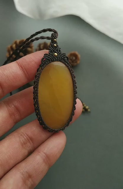 Yellow Chalcedony Macrame Necklace | Pendant size approx 6.5 cm