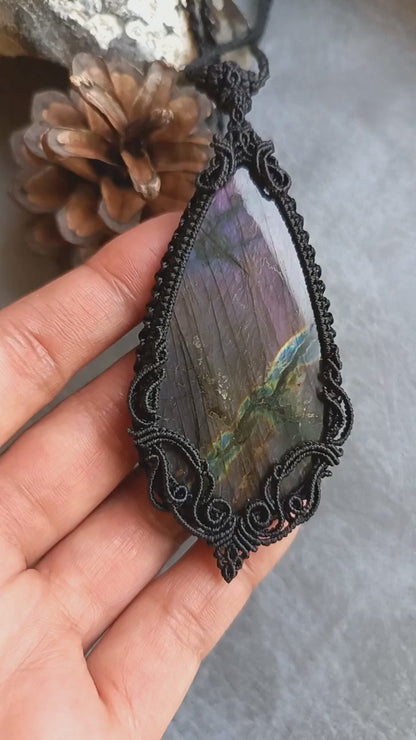 Purple Labradorite Macrame Necklace | Freehand Design | Pendant size approx 9.4 cm