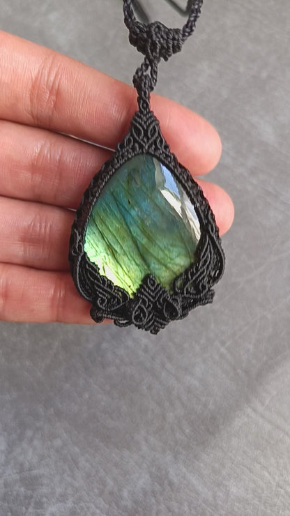 Labradorite Macrame Necklace | Pendant size approx 6.5cm - Freehand Design