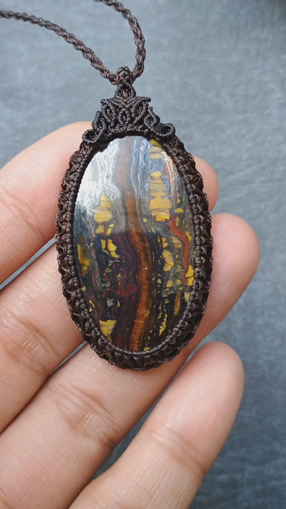 Tiger Iron Macrame Necklace | Pendant size approx 5.4 cm