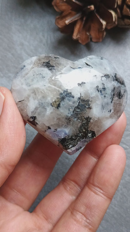 Moonstone with Black Tourmaline, Heart shape, Palm Stone, 42x51x21mm, 62.2g [PALM-F04]