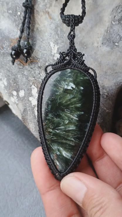 Seraphinite Macrame Necklace | Pendant size approx 8.3 cm