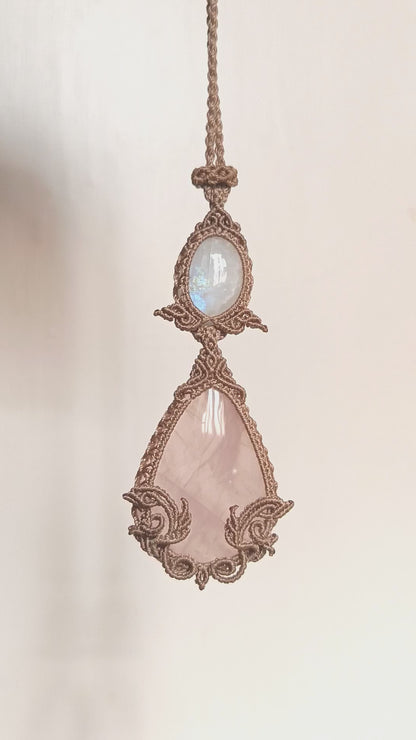Rose Quartz Moonstone Macrame Necklace | Pendant size 8 cm