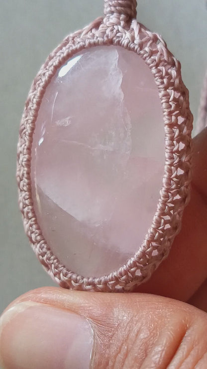 Rose Quartz Macrame Necklace | Pendant size 5.6 cm