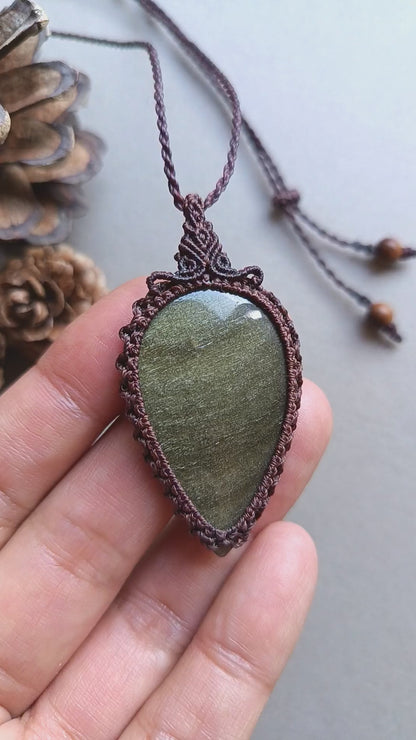 Golden Sheen Obsidian Macrame Necklace | Pendant size 6 cm