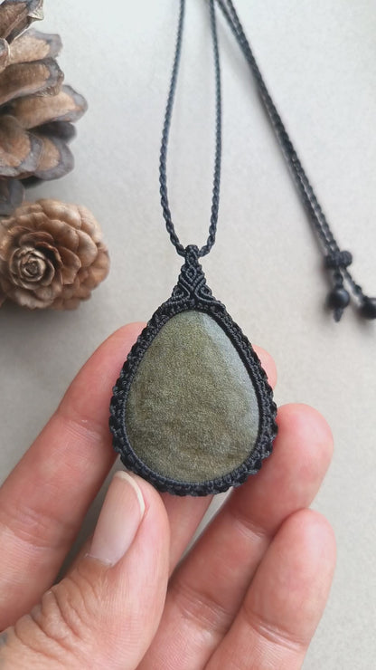 Golden Sheen Obsidian Macrame Necklace | Pendant size 5 cm