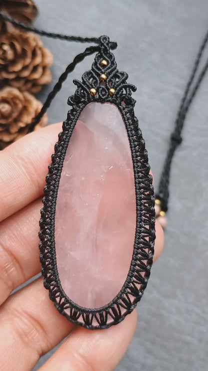 Rose Quartz Macrame Necklace | Pendant size approx 7.5 cm