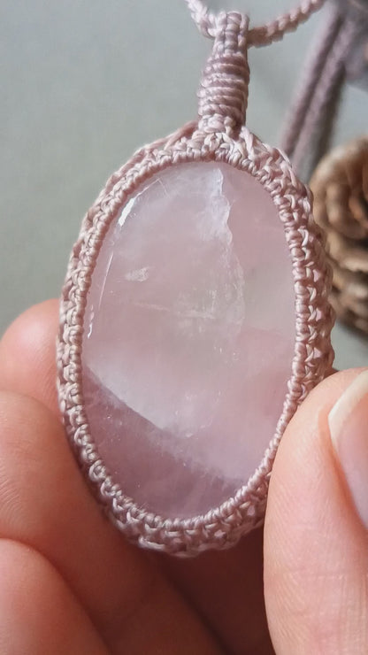 Rose Quartz Macrame Necklace | Pendant size 5.6 cm