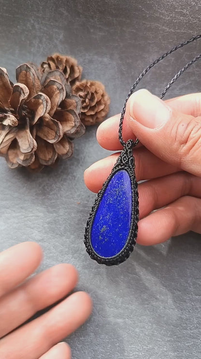 Lapis Lazuli Macrame Necklace | Pendant size approx 5.5 cm