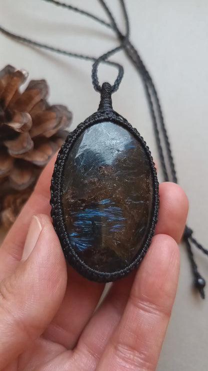 Arfvedsonite Macrame Necklace | Pendant size approx 7 cm - SOLD