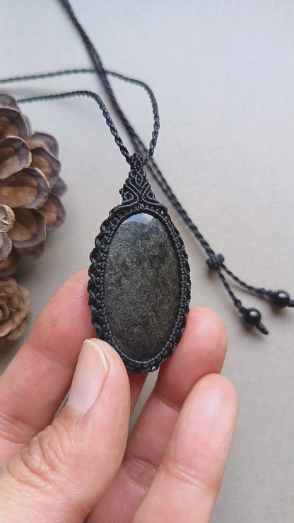 Silver Sheen Obsidian Macrame Necklace | Pendant size 5.3 cm
