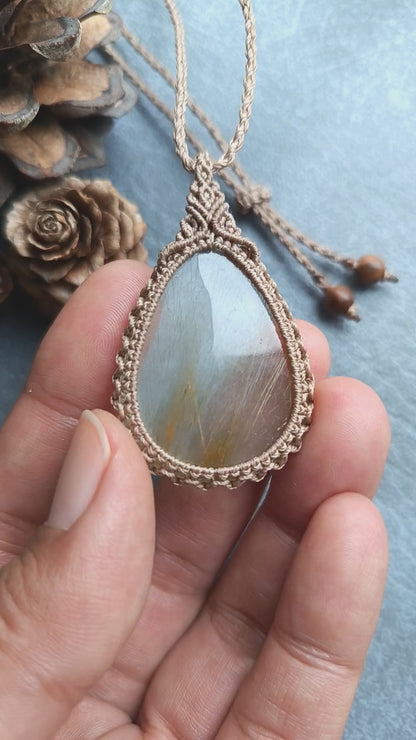 Golden Rutile Quartz Macrame Necklace | Pendant size 5 cm