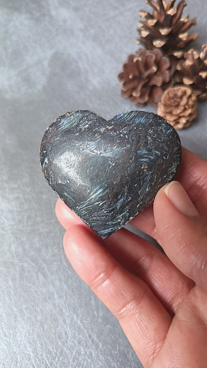 Arfvedsonite (Matte polished), Heart Shape, Palm Stone, 50x55x18mm, 84.7g [PALM-102]