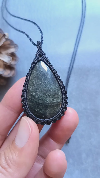 Golden Sheen Obsidian Macrame Necklace | Pendant size approx 5.4 cm