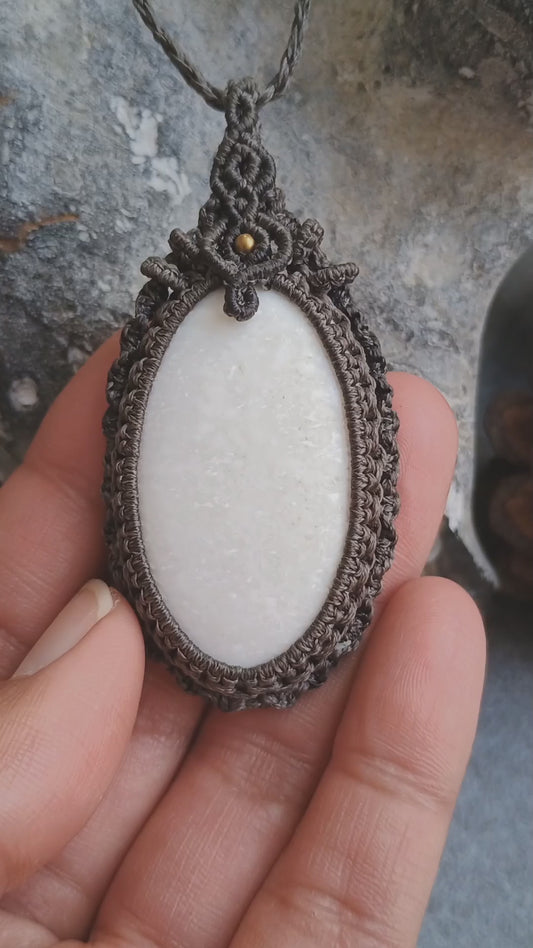 White Scolecite Macrame Necklace | Pendant size 7 cm