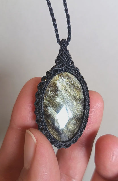 Golden Sheen Obsidian Macrame Necklace | Pendant size  4.9 cm