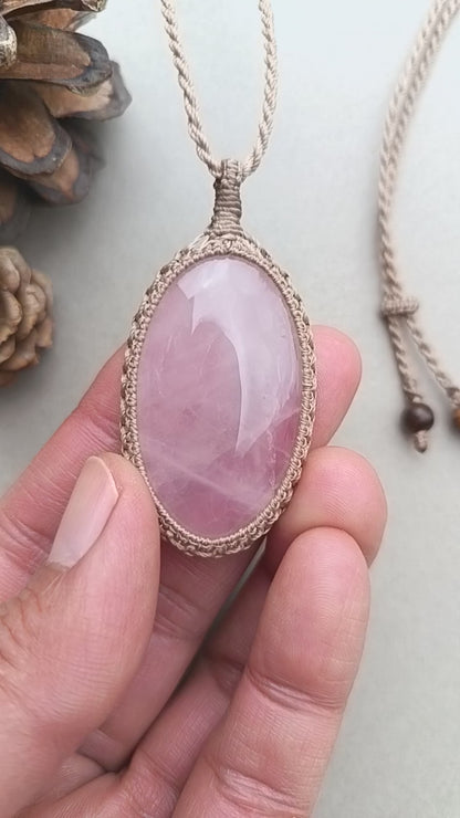 Rose Quartz Macrame Necklace | Pendant size 5.4 cm